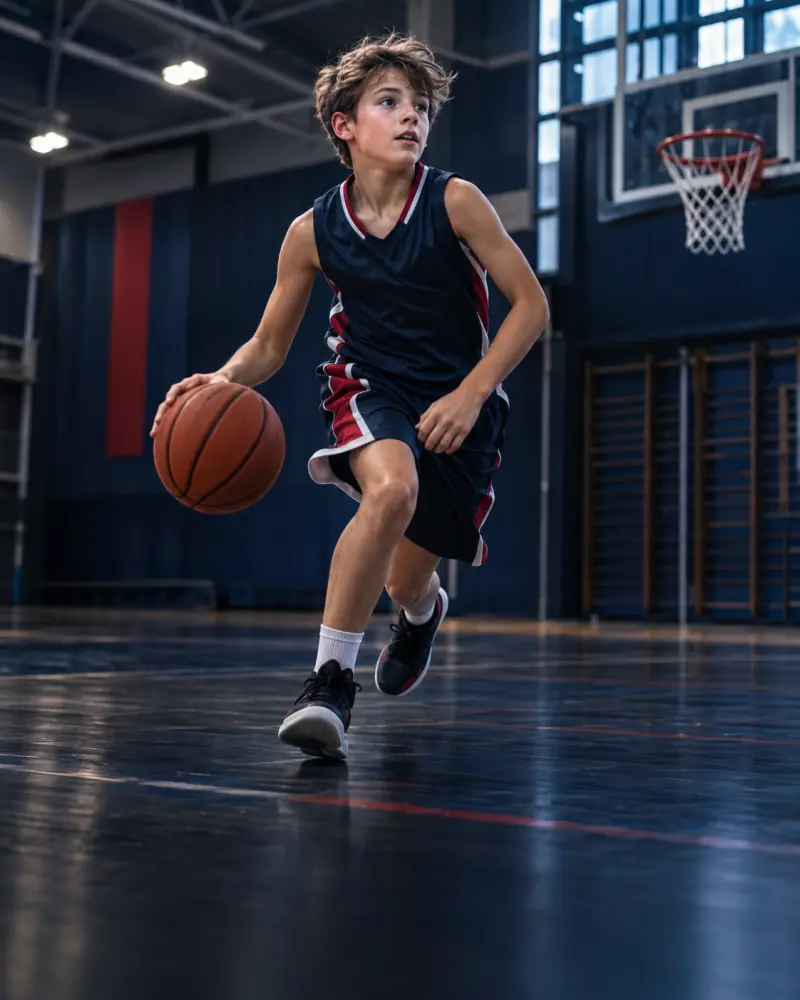 Kind beim Basketballtraining in der Sporthalle